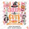 High-resolution digital artwork featuring Creepy and Cute text, witch hat, stacked pumpkins, potion bottles, and brushstrokes.