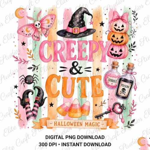 High-resolution digital artwork featuring Creepy and Cute text, witch hat, stacked pumpkins, potion bottles, and brushstrokes.