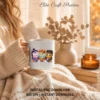 Woman in a cozy knit sweater holding a white ceramic mug printed with the Halloween boba, ramen, and waffle design next to a window.