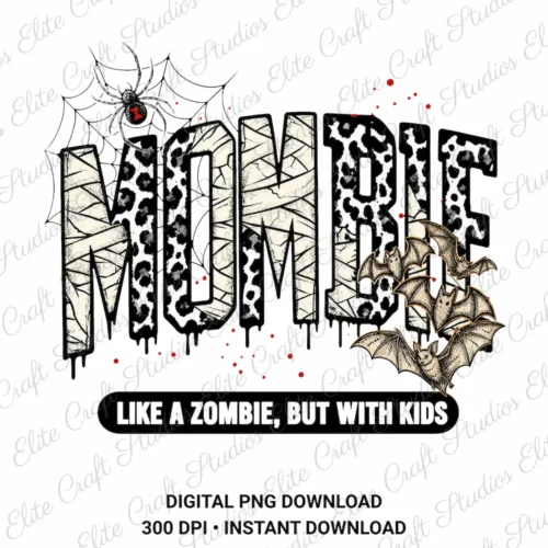 Isolated graphic preview showing the Mombie leopard and mummy bandage design with flying bats and a spider.