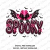 Digital sublimation PNG artwork reading Spooky in leopard print with a pink bat-wing cowgirl hat on a white background with watermarks.