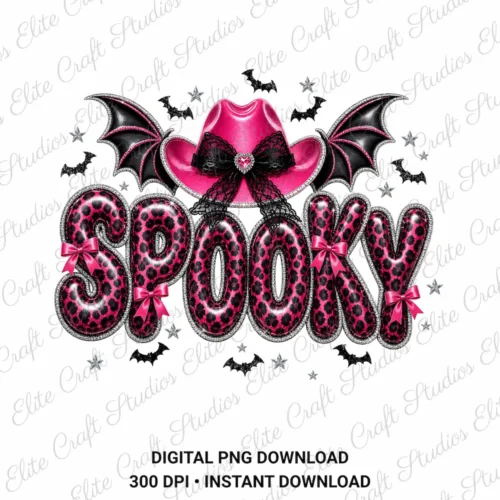 Digital sublimation PNG artwork reading Spooky in leopard print with a pink bat-wing cowgirl hat on a white background with watermarks.