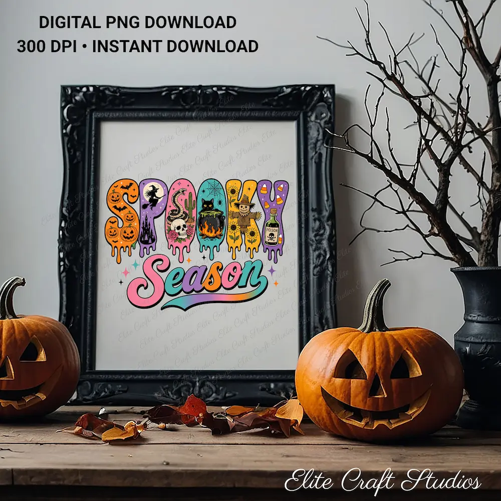 Ornate black vintage frame displaying the Spooky Season art print on a wooden mantel between two carved jack-o'-lanterns.