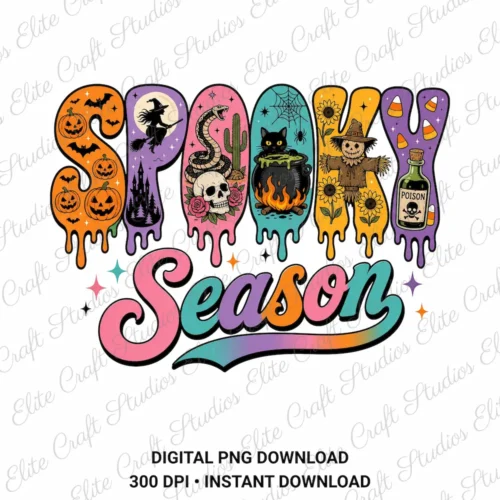 Spooky Season typography graphic with dripping letters featuring Halloween pumpkins, witch, skull, cat in a cauldron, scarecrow, and poison bottle on a watermarked white background.