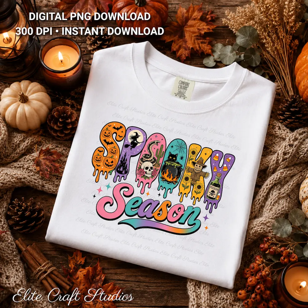 Flat lay mockup of a white crewneck sweatshirt printed with the colorful retro Spooky Season graphic, surrounded by pumpkins, dried leaves, and lit candles.