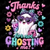 The Thanks for not ghosting me cute ghost illustration with vibrant colors isolated against a solid black background.