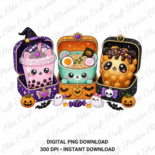 Clear transparent graphic showing the complete Halloween treats illustration with boba tea, ramen, waffle bear, and candy corn against a white grid.