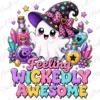 Digital PNG design preview of a cute kawaii ghost wearing a black witch hat with stars and pink leopard bow, surrounded by magic potion bottles and crystals, with the colorful drip lettering Feeling Wickedly Awesome on a white background.