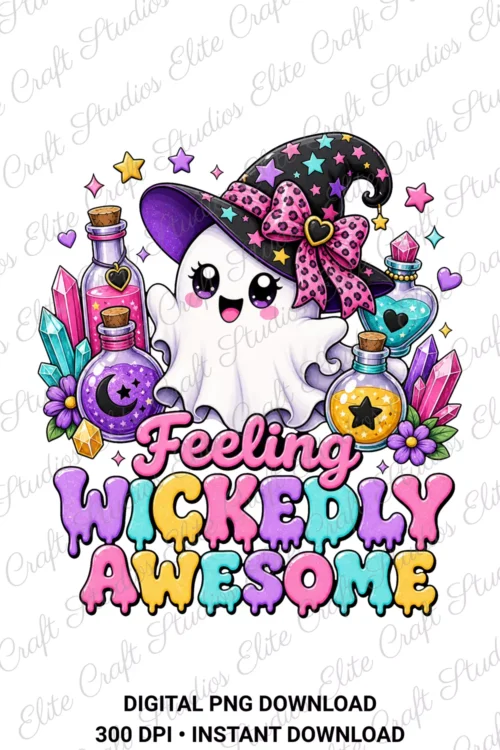 Digital PNG design preview of a cute kawaii ghost wearing a black witch hat with stars and pink leopard bow, surrounded by magic potion bottles and crystals, with the colorful drip lettering Feeling Wickedly Awesome on a white background.