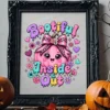 Black ornate picture frame holding the Bootiful Inside and Out print, displayed on a wooden shelf flanked by carved jack-o-lanterns.