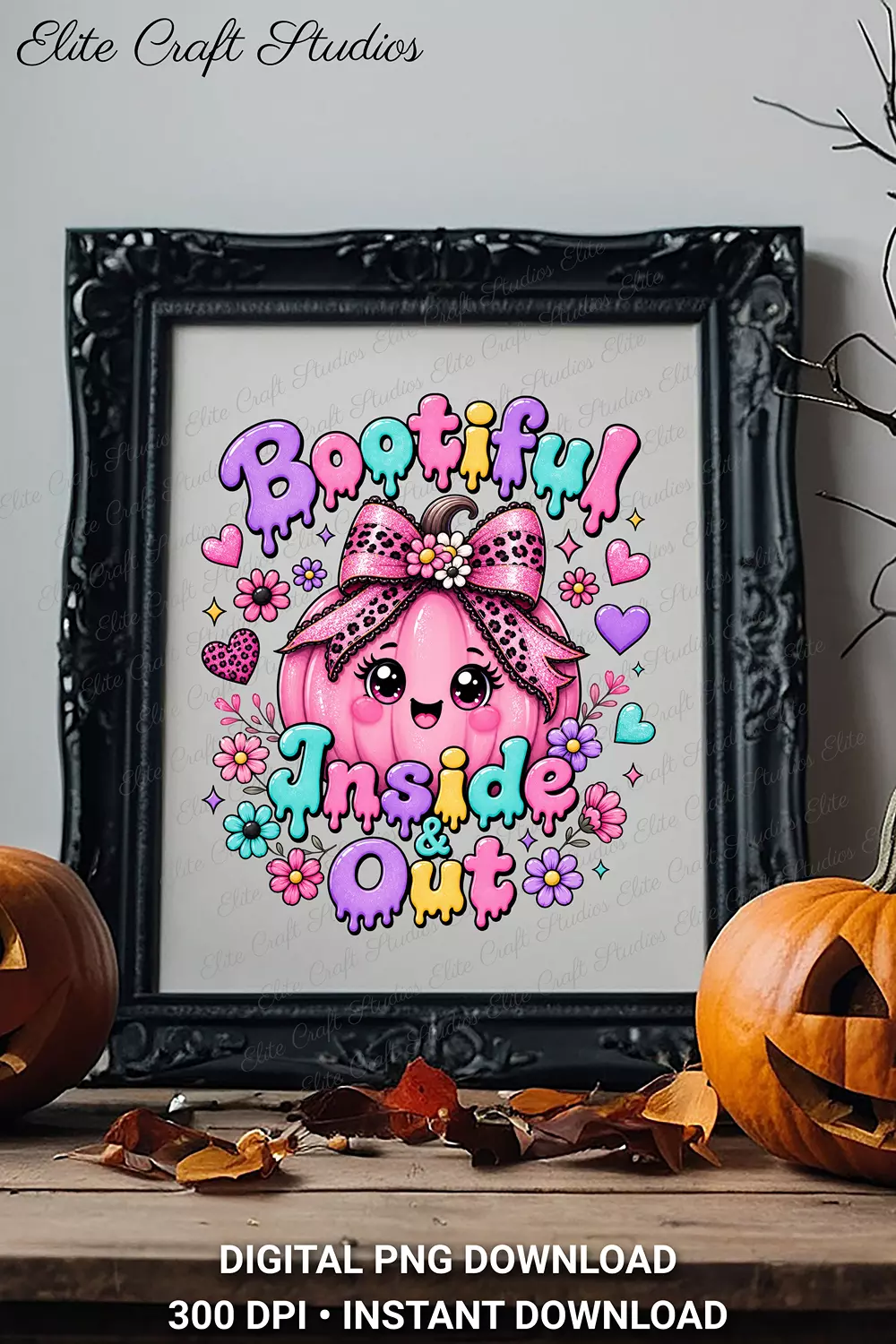 Black ornate picture frame holding the Bootiful Inside and Out print, displayed on a wooden shelf flanked by carved jack-o-lanterns.
