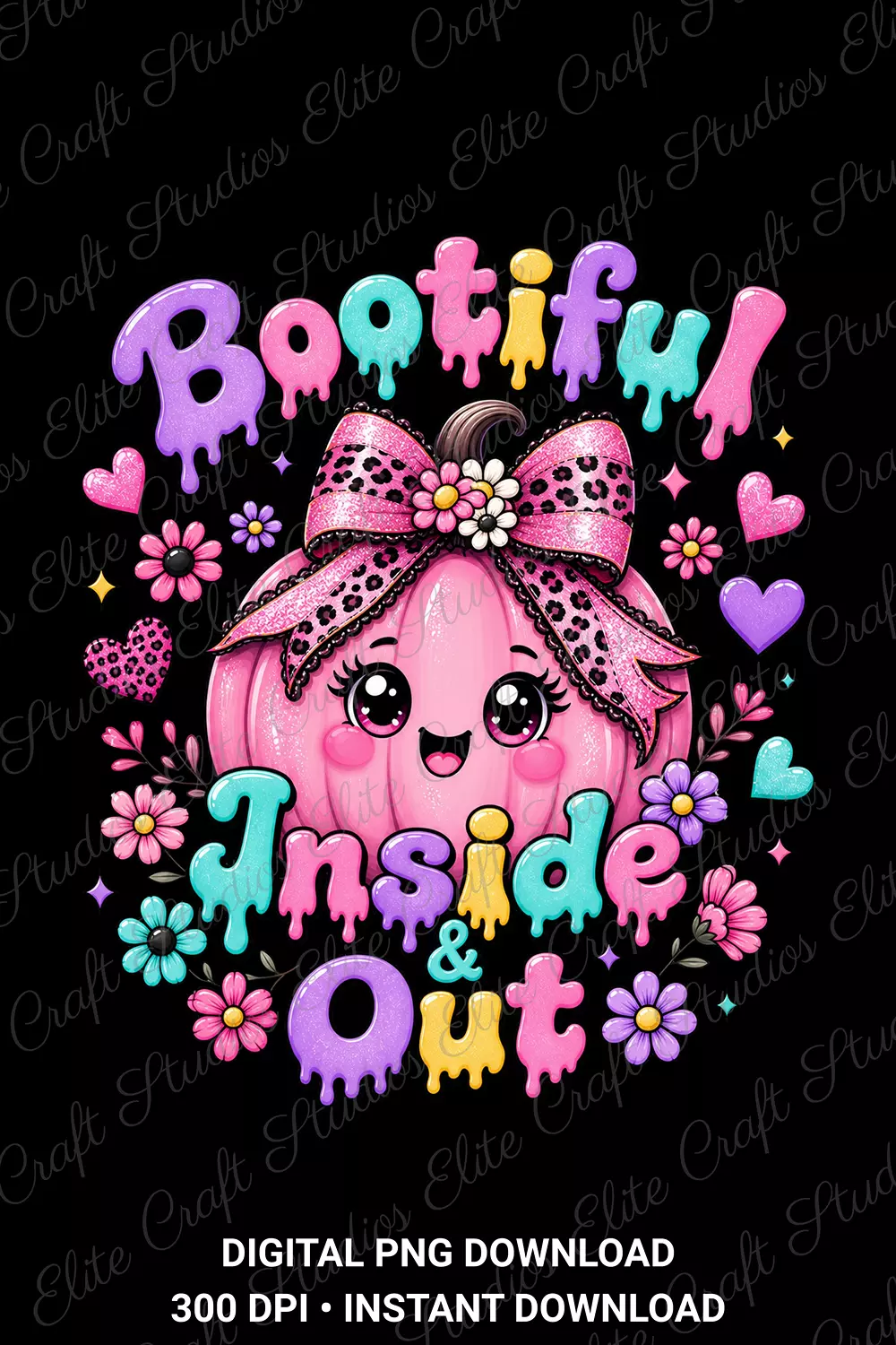 The Bootiful Inside and Out pink pumpkin graphic centered on a solid black background, showcasing the vibrant pastel colors and melting text details.