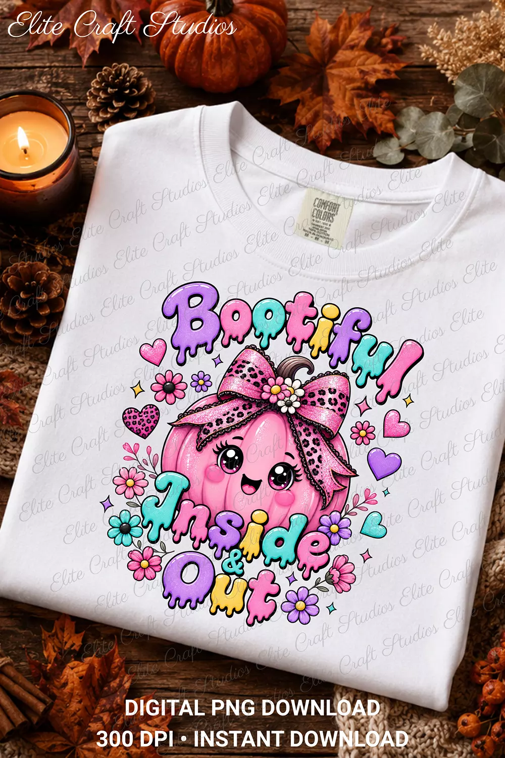 Flatlay view of a white t-shirt printed with the Bootiful Inside and Out pink pumpkin design, styled with fall leaves, pine cones, and a lit candle.