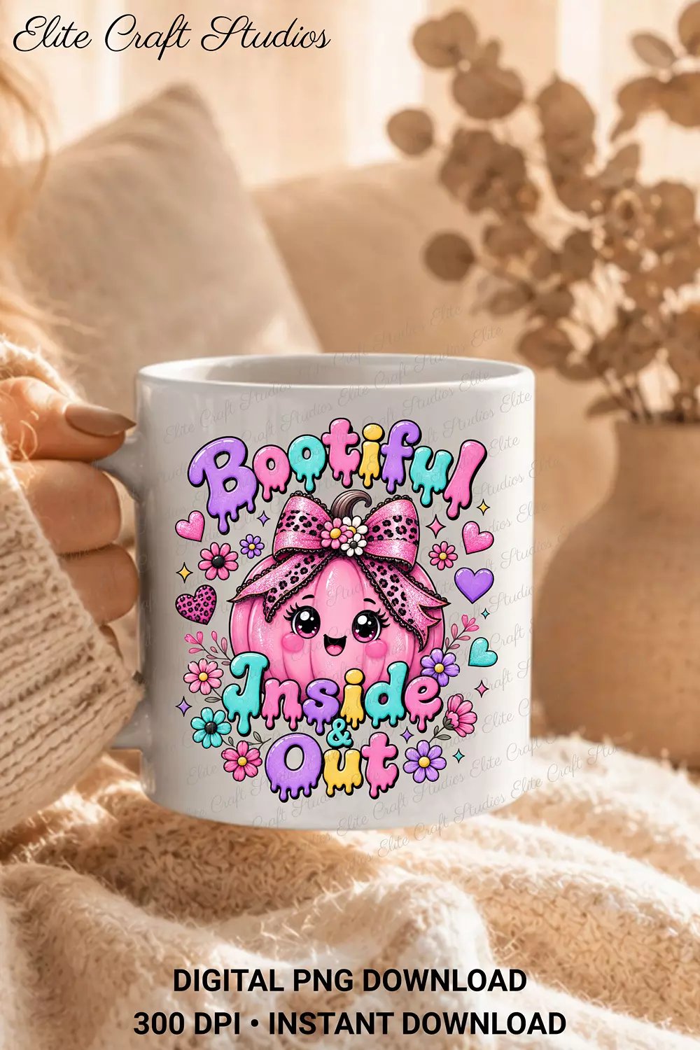 Close-up of hands holding a white ceramic mug sublimated with the Bootiful Inside and Out pink pumpkin illustration, wrapped in a knit blanket.