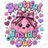 Isolated graphic of a smiling pink pumpkin wearing a leopard print bow with the words Bootiful Inside and Out surrounded by flowers and hearts on a white background.