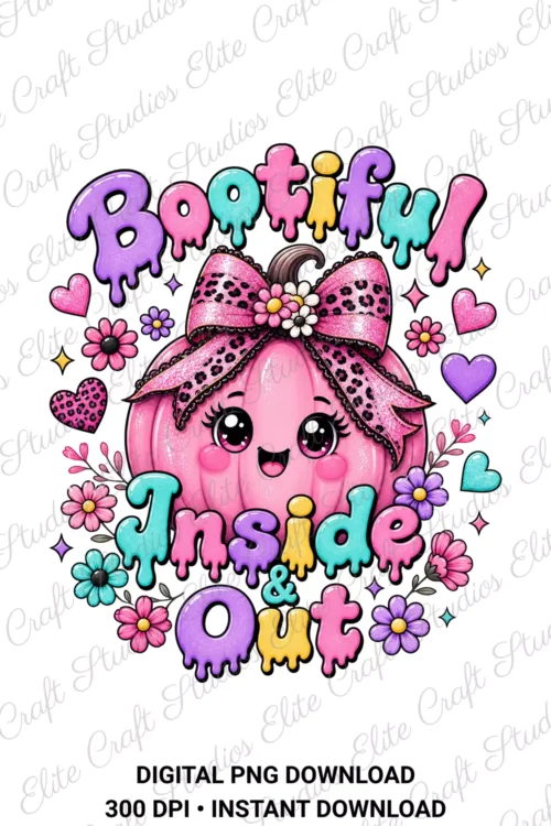 Isolated graphic of a smiling pink pumpkin wearing a leopard print bow with the words Bootiful Inside and Out surrounded by flowers and hearts on a white background.