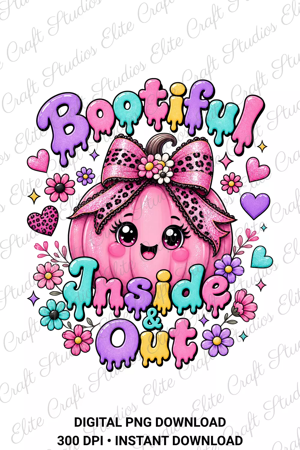 Isolated graphic of a smiling pink pumpkin wearing a leopard print bow with the words Bootiful Inside and Out surrounded by flowers and hearts on a white background.