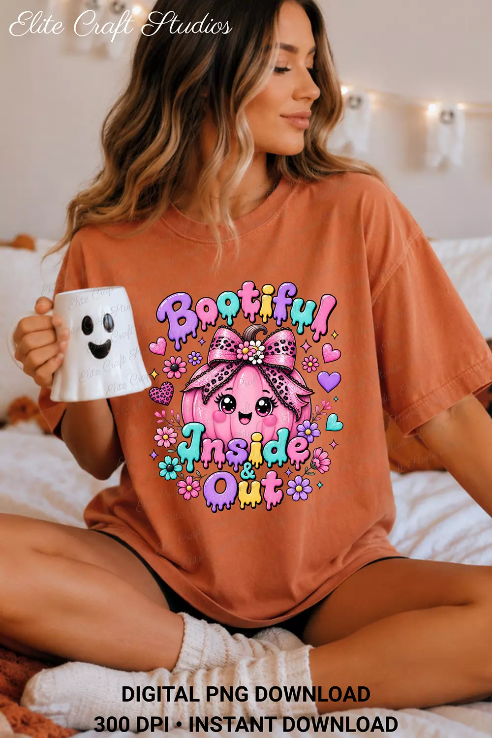 Model seated on a bed wearing a burnt orange t-shirt printed with the Bootiful Inside and Out pink pumpkin graphic while holding a ghost mug.