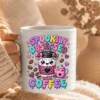 Woman wearing a knit sweater holding a white ceramic coffee mug printed with the Spookily Obsessed with Coffee pastel illustration.