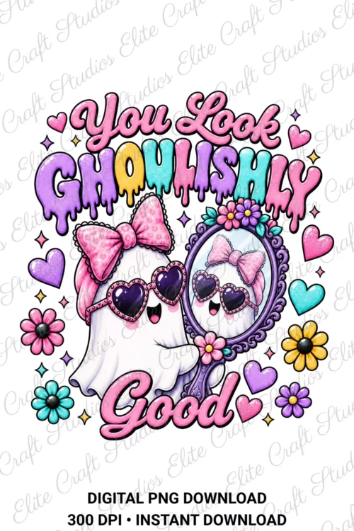 Digital artwork of a cute white ghost wearing pink sunglasses and bow looking into a mirror with You Look Ghoulishly Good text on a white background.