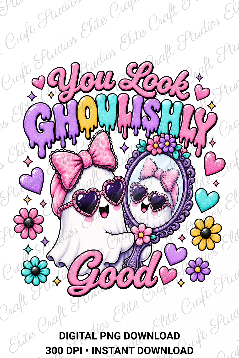 Digital artwork of a cute white ghost wearing pink sunglasses and bow looking into a mirror with You Look Ghoulishly Good text on a white background.