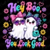 High-contrast graphic display of the Hey Boo You Look Good ghost artwork with bright pink, purple, and teal colors against a black backdrop.