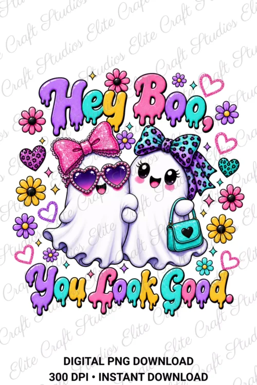 Digital preview of Hey Boo You Look Good graphic featuring two cartoon ghosts with bows and dripping colorful text on a transparent background.