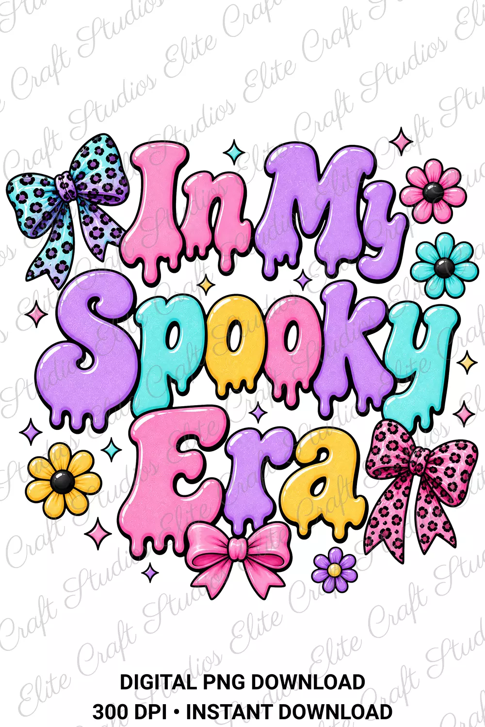 In My Spooky Era retro typography graphic with colorful pastel dripping letters, flowers, and leopard bows on a transparent background.