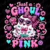 The Just a Ghoul Who Loves Pink digital ghost artwork presented against a stark black background highlighting the vibrant neon pink and teal colors.