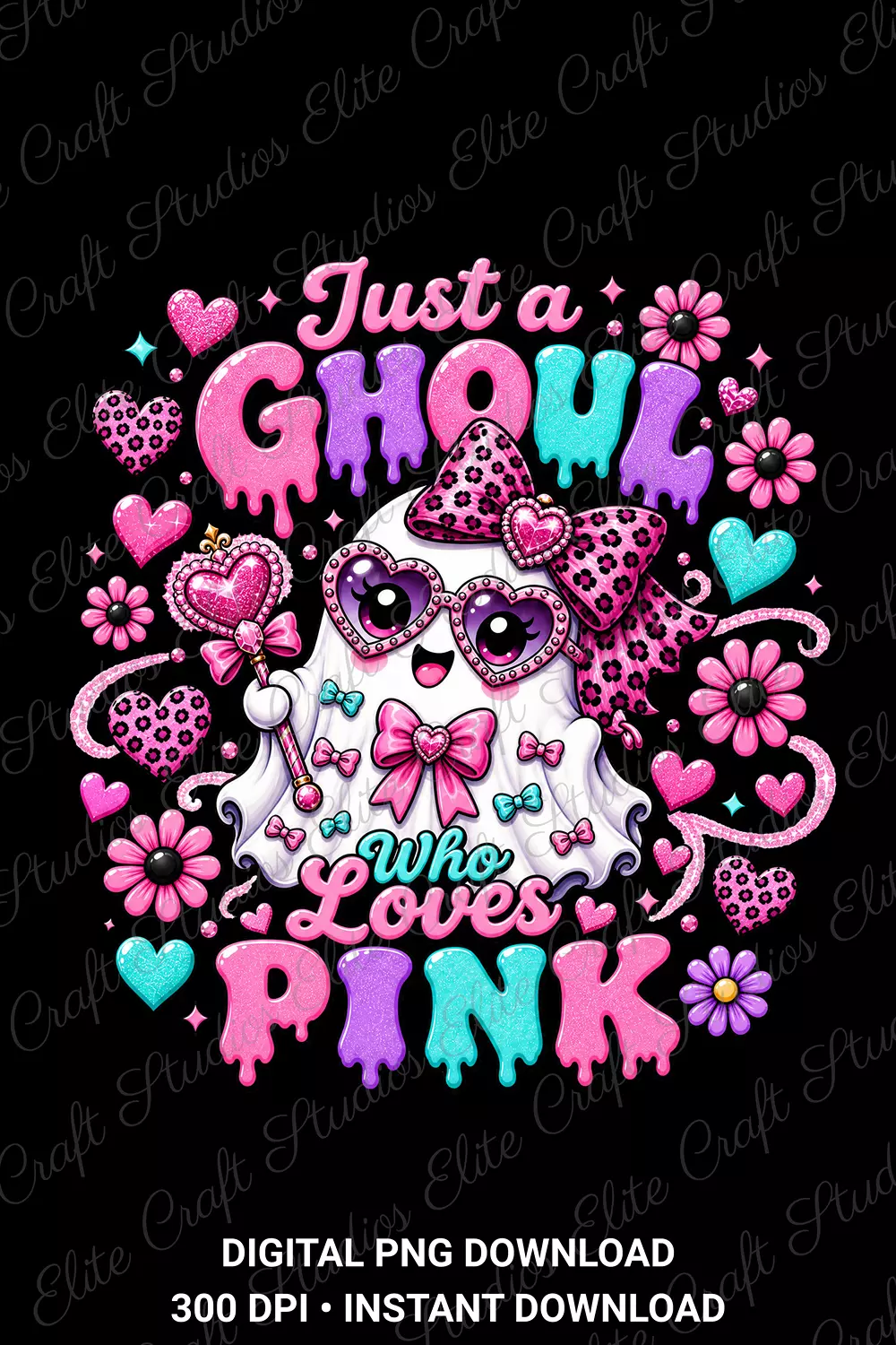 The Just a Ghoul Who Loves Pink digital ghost artwork presented against a stark black background highlighting the vibrant neon pink and teal colors.