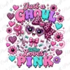Digital PNG design graphic showing a cute cartoon ghost with heart sunglasses, bows, and drip lettering reading Just a Ghoul Who Loves Pink on a plain white background.