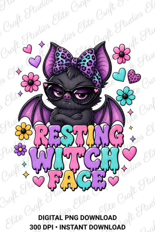 Digital PNG design graphic of a cute black bat with glasses, bow, and resting witch face text on white background.