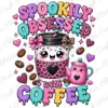 Digital PNG design featuring the text Spookily Obsessed with Coffee in melting pastel letters with a cute kawaii coffee cup and leopard accents on a white background.