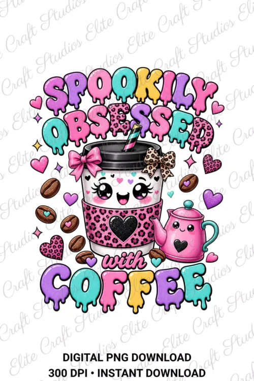 Digital PNG design featuring the text Spookily Obsessed with Coffee in melting pastel letters with a cute kawaii coffee cup and leopard accents on a white background.