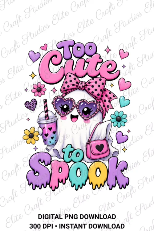 Too Cute to Spook Halloween sublimation design graphic featuring a cartoon ghost with pink polka dot bow and sunglasses on a white background.